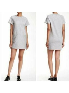 ATM Stripe Sweatshirt Pocket Dress Short Sleeve Grey White SZ L